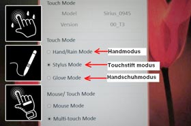 10-point multi-touch with operating modes hand/rain mode, touch-pen and glove operation